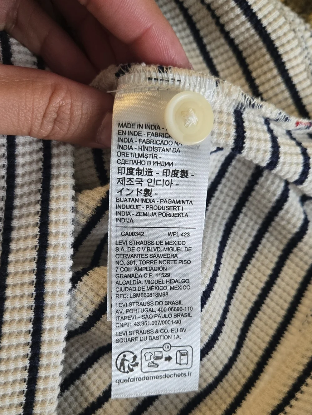 Levi's White Navy Stripe Thermal Henley Shirt Large Waffle Knit Coastal Preppy